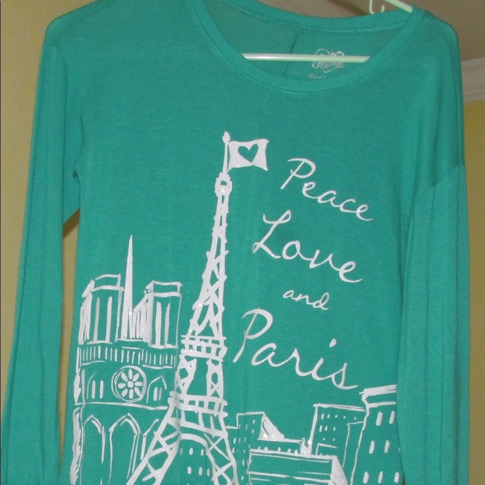 Justice sweater, “Peace, Love, and Paris”